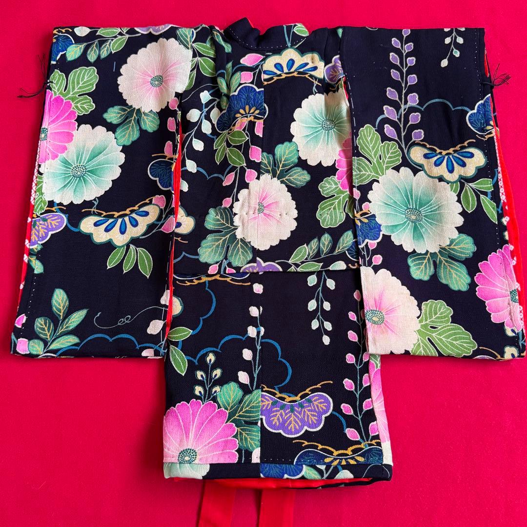 市松人形 13号(47cm)サイズの着物　比翼仕立て　黒　松藤菊　し