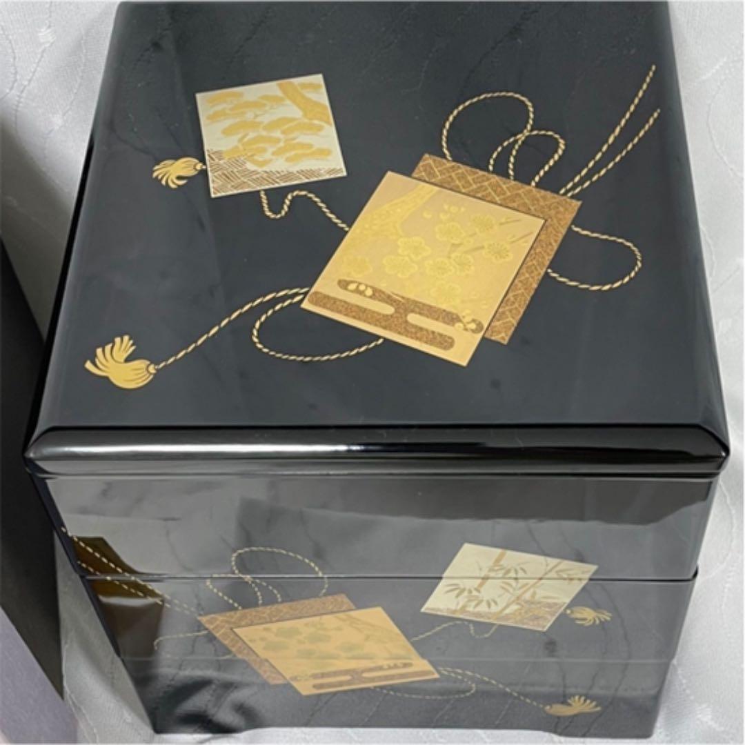 高級漆器　重箱　漆塗り　木製　金箔　会津塗り