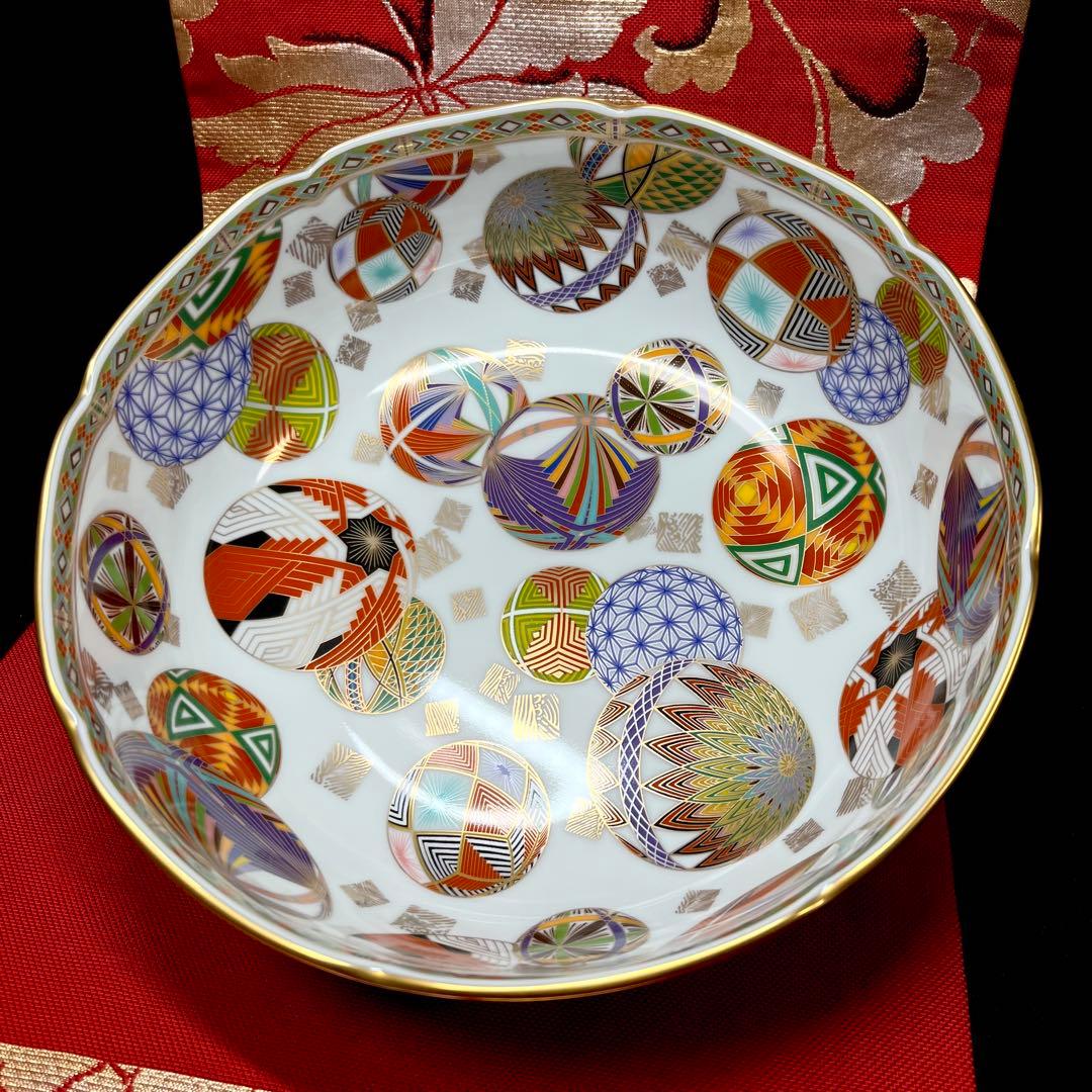 【新春の設えにも】 前畑陶器 庫山窯 金彩色絵手まり φ23 盛鉢 大鉢 深鉢