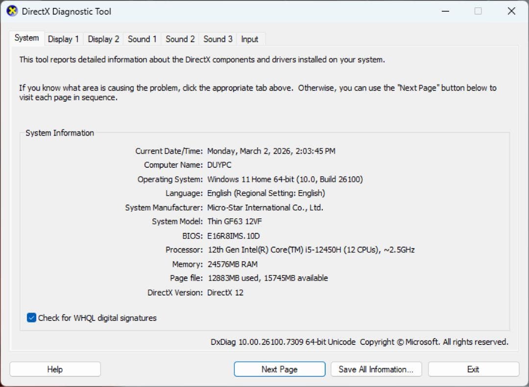 Windowsノート本体 MSI GF63 GAMING RTX4060 / Core i5-12450H