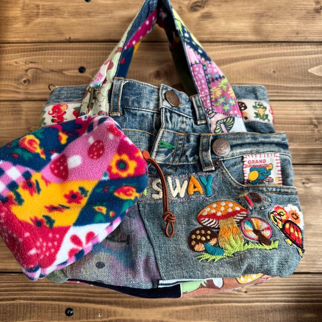 ハンドメイド デニムリメイク バッグ レトロ アニマル きのこ 2way 53