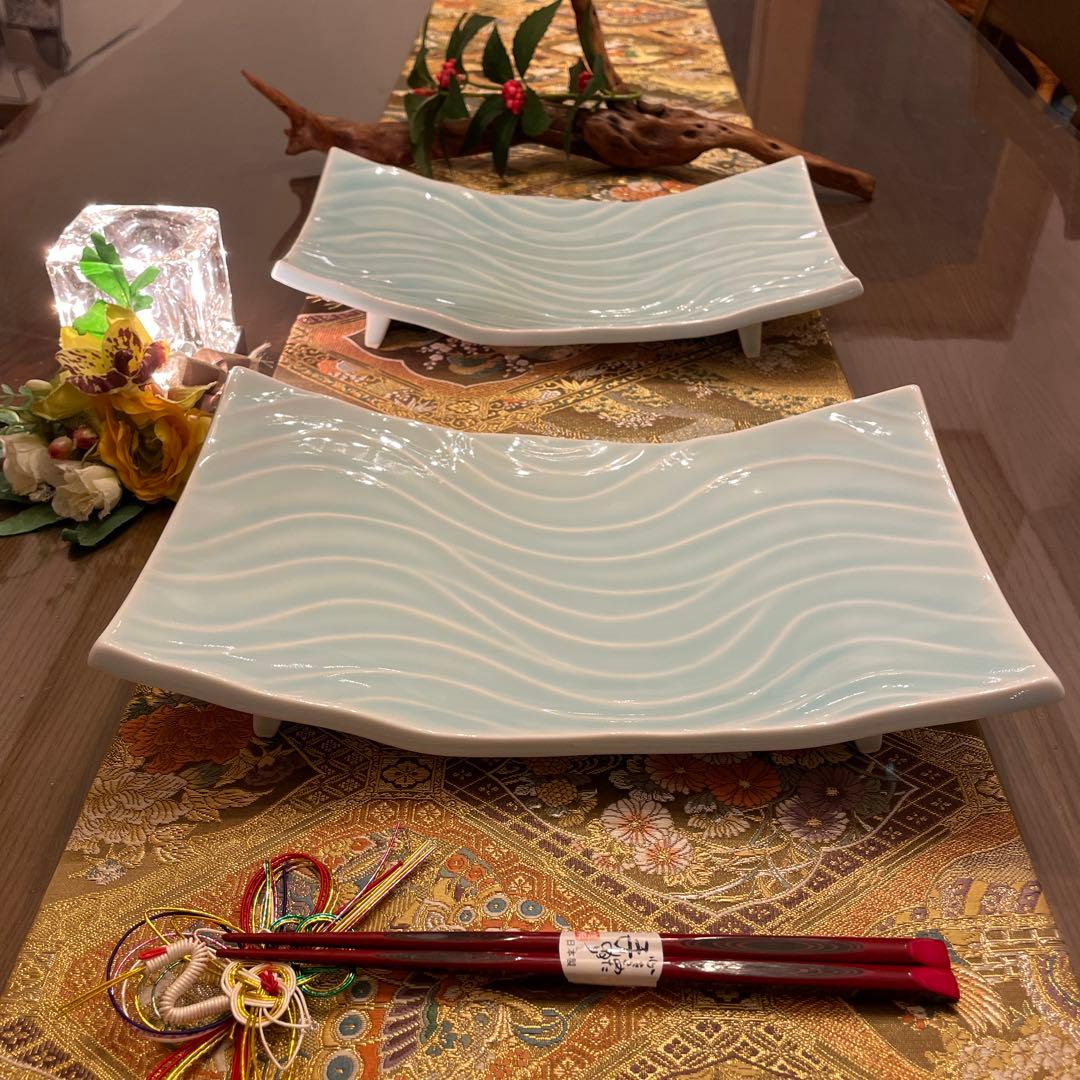 新品　作家物　青白磁　波模様 下駄足　長角皿　大　2枚