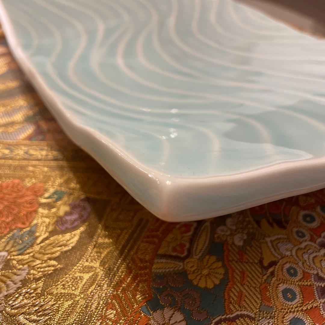 新品　作家物　青白磁　波模様 下駄足　長角皿　大　2枚