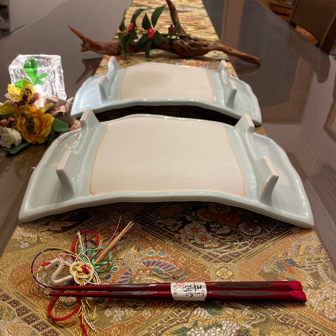 新品　作家物　青白磁　波模様 下駄足　長角皿　大　2枚