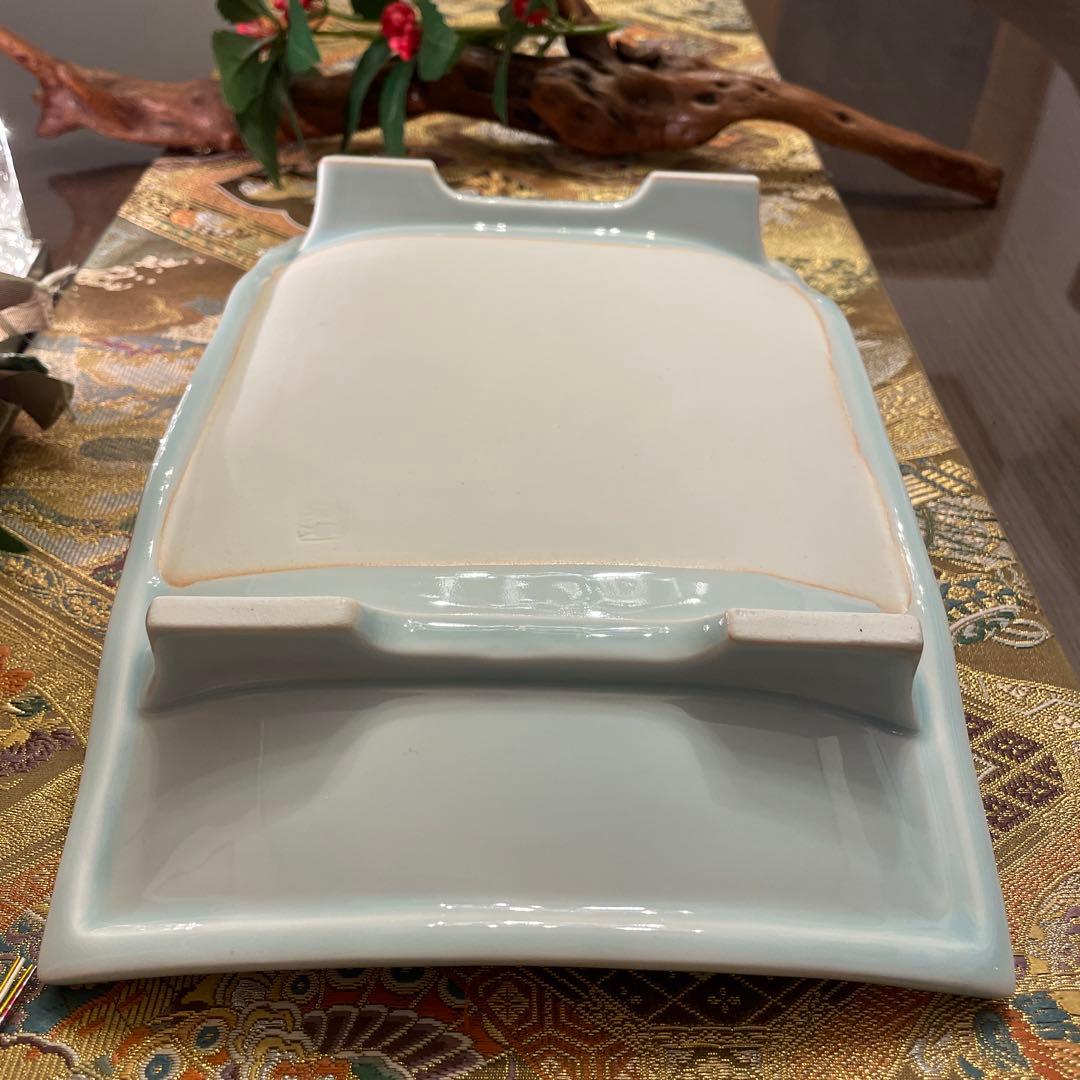 新品　作家物　青白磁　波模様 下駄足　長角皿　大　2枚