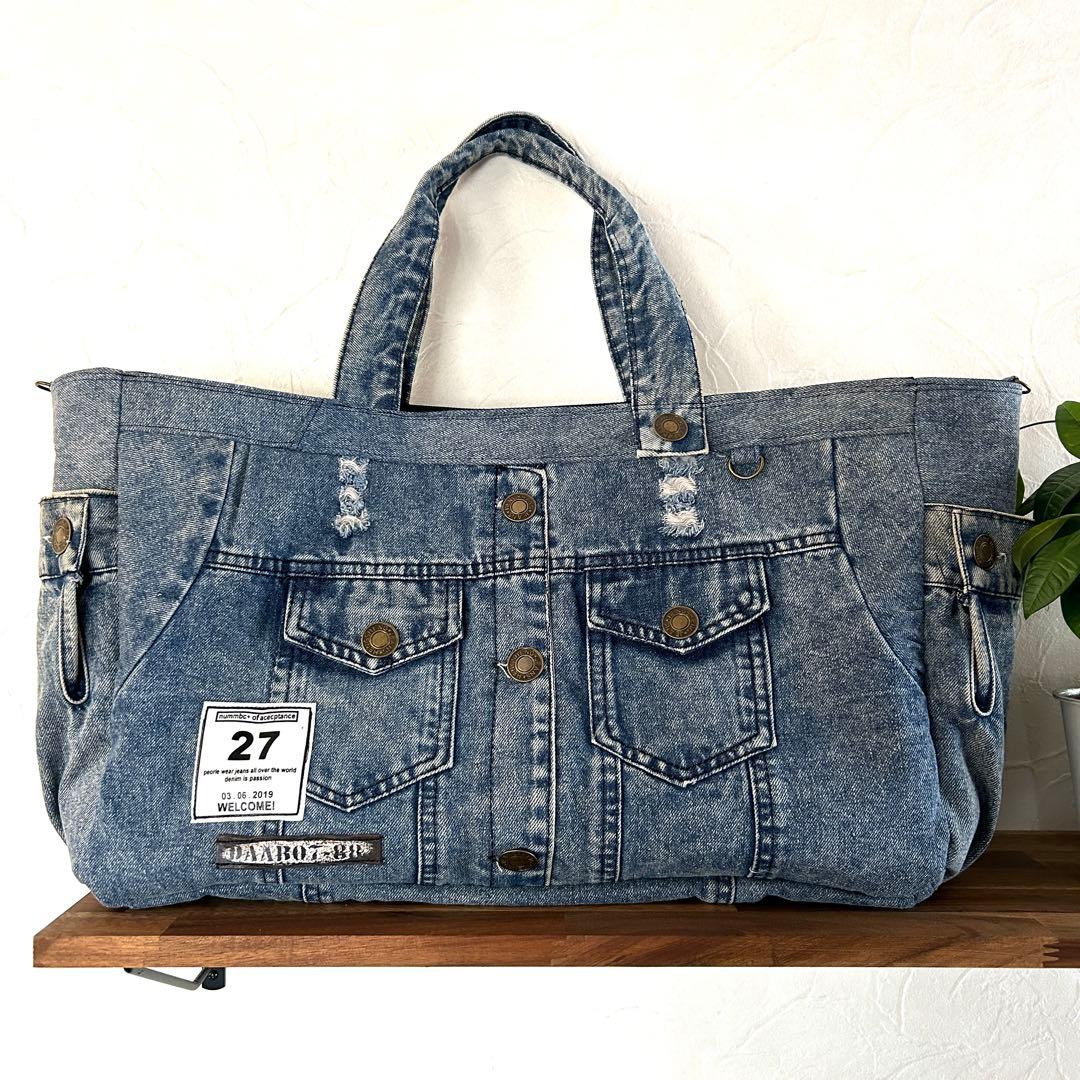 992.幅60‼️デニムリメイク トートバッグ　ジージャン ケミカル　ダメージ