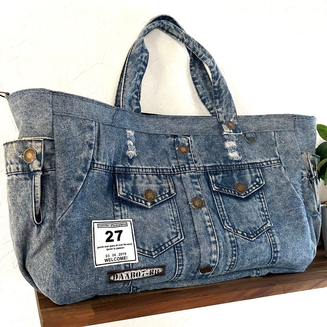 992.幅60‼️デニムリメイク トートバッグ　ジージャン ケミカル　ダメージ