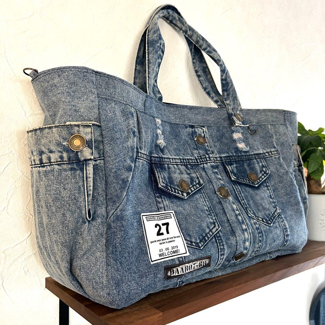 992.幅60‼️デニムリメイク トートバッグ　ジージャン ケミカル　ダメージ