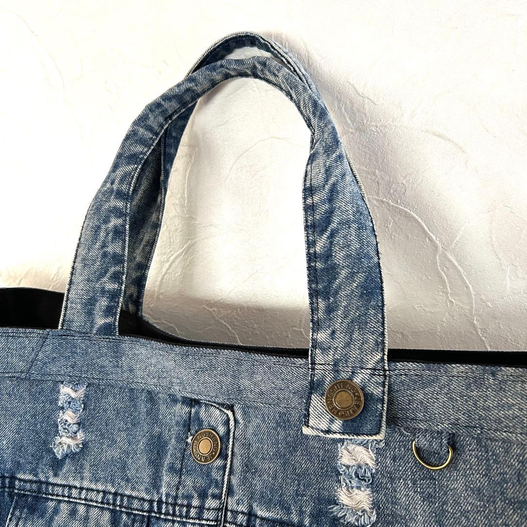 992.幅60‼️デニムリメイク トートバッグ　ジージャン ケミカル　ダメージ
