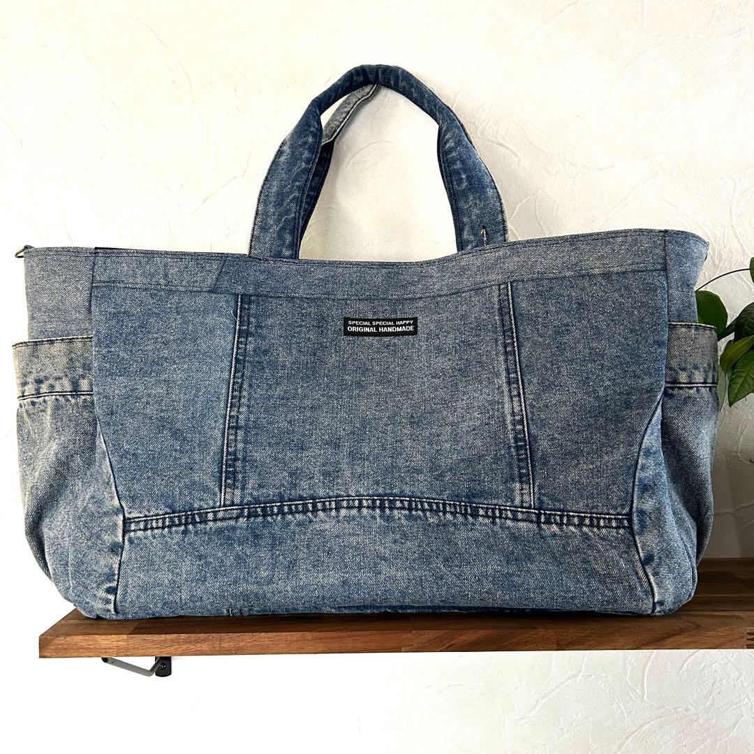 992.幅60‼️デニムリメイク トートバッグ　ジージャン ケミカル　ダメージ