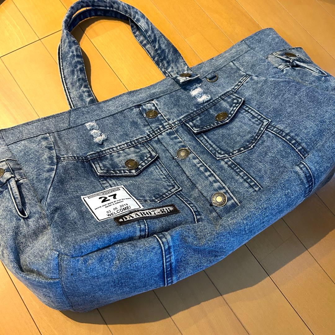 992.幅60‼️デニムリメイク トートバッグ　ジージャン ケミカル　ダメージ