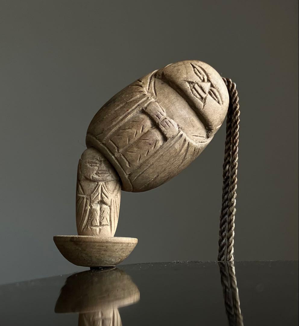 【からくり笑い仏 民衆仏 木彫根付け 約2〜4㎝ 明治後期〜頃】帯飾りお守り仏像