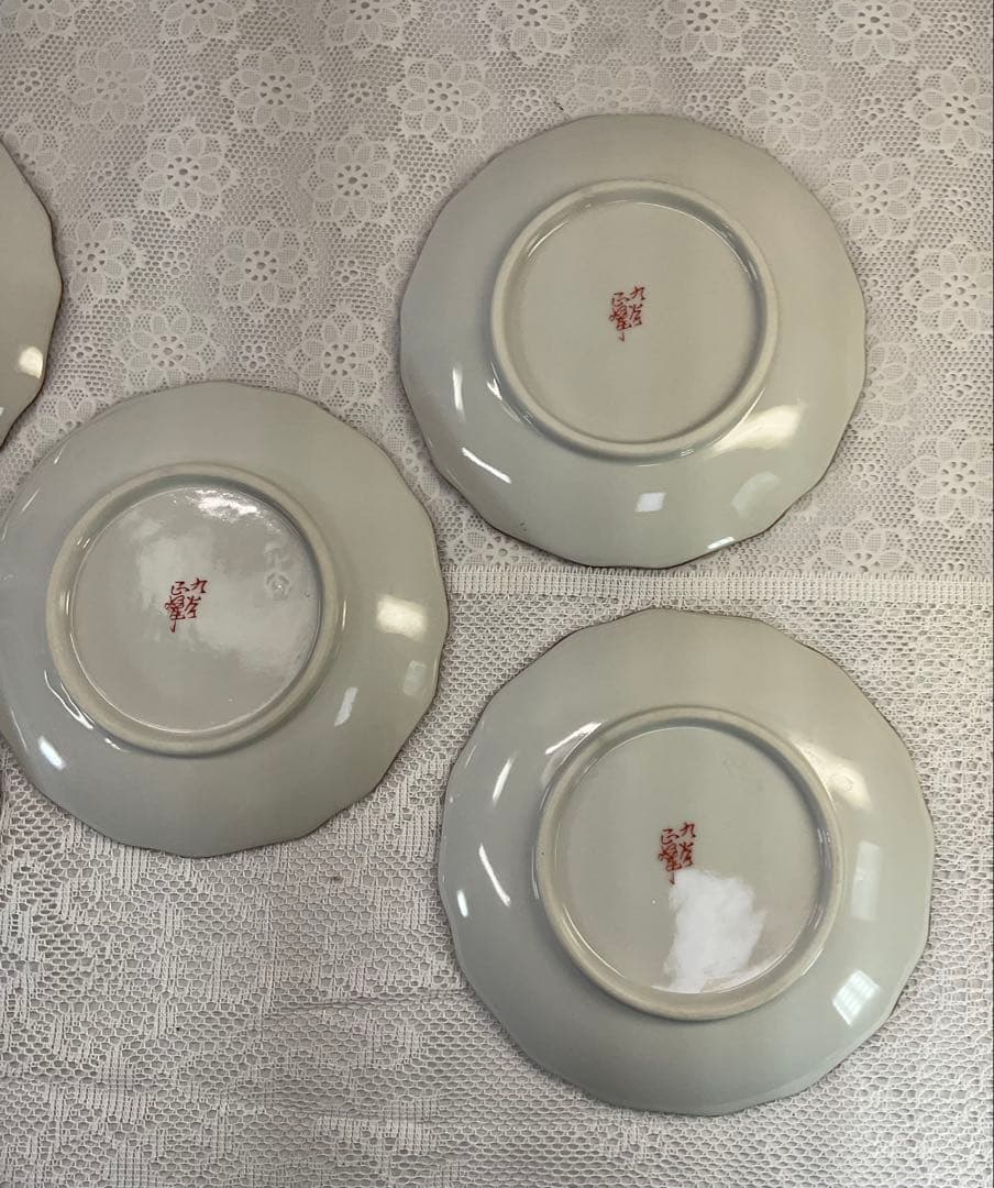 九谷焼 正峰窯 青粒鉄仙 花鳥文 銘々皿揃 5客 美品