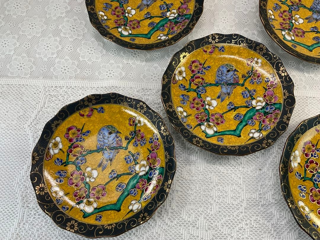 九谷焼 正峰窯 青粒鉄仙 花鳥文 銘々皿揃 5客 美品