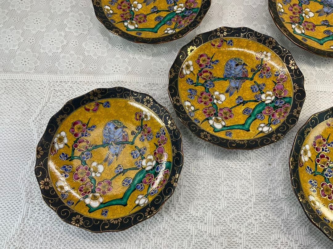 九谷焼 正峰窯 青粒鉄仙 花鳥文 銘々皿揃 5客 美品