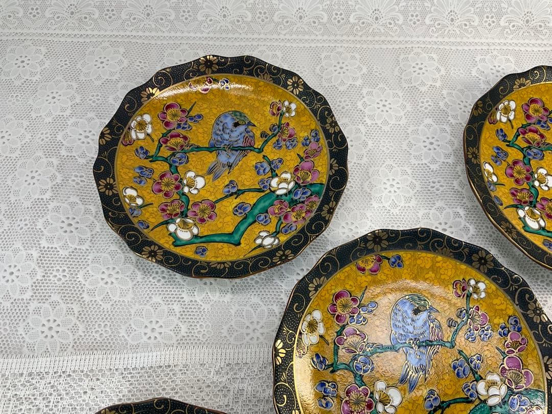 九谷焼 正峰窯 青粒鉄仙 花鳥文 銘々皿揃 5客 美品