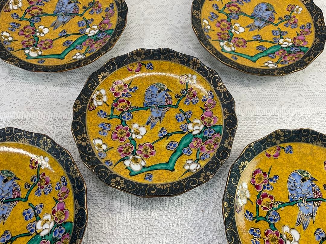 九谷焼 正峰窯 青粒鉄仙 花鳥文 銘々皿揃 5客 美品