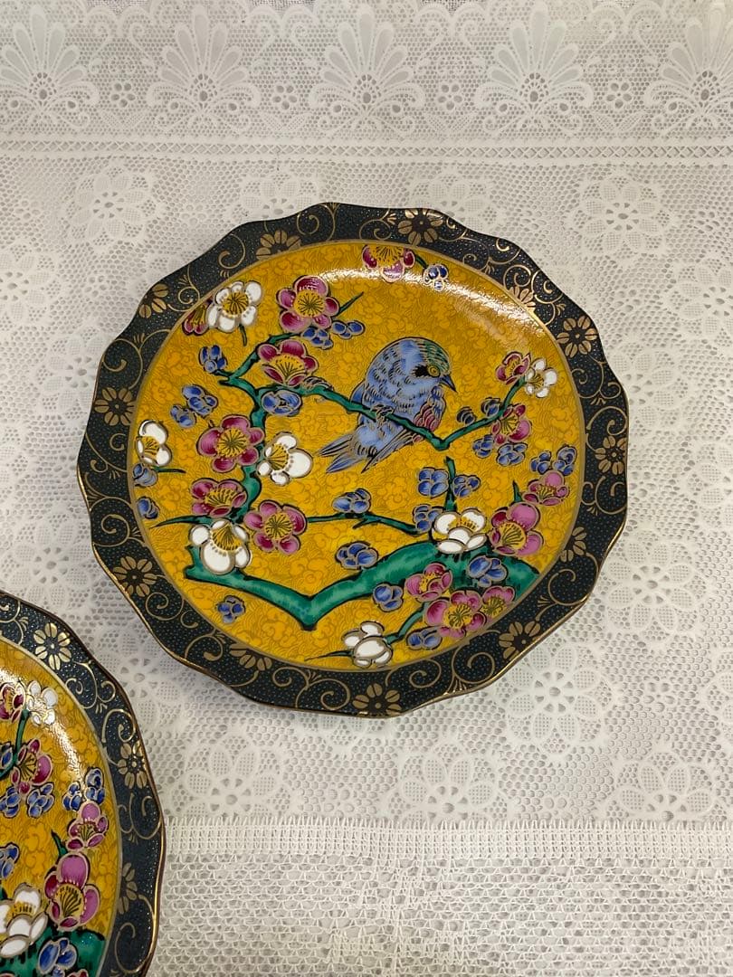 九谷焼 正峰窯 青粒鉄仙 花鳥文 銘々皿揃 5客 美品