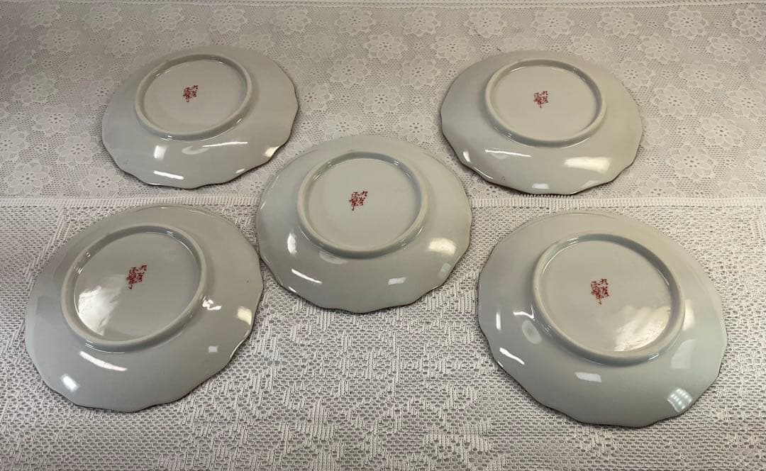 九谷焼 正峰窯 青粒鉄仙 花鳥文 銘々皿揃 5客 美品