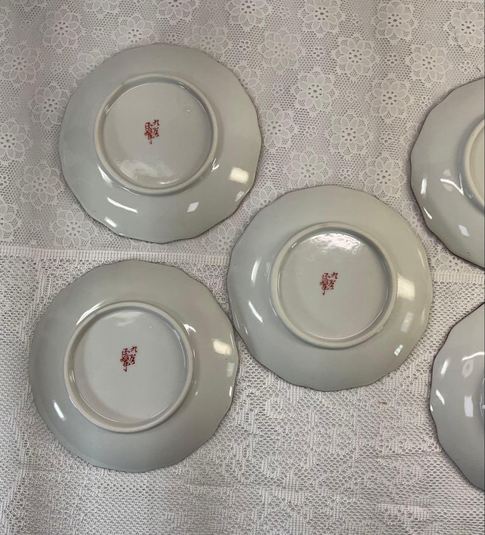 九谷焼 正峰窯 青粒鉄仙 花鳥文 銘々皿揃 5客 美品