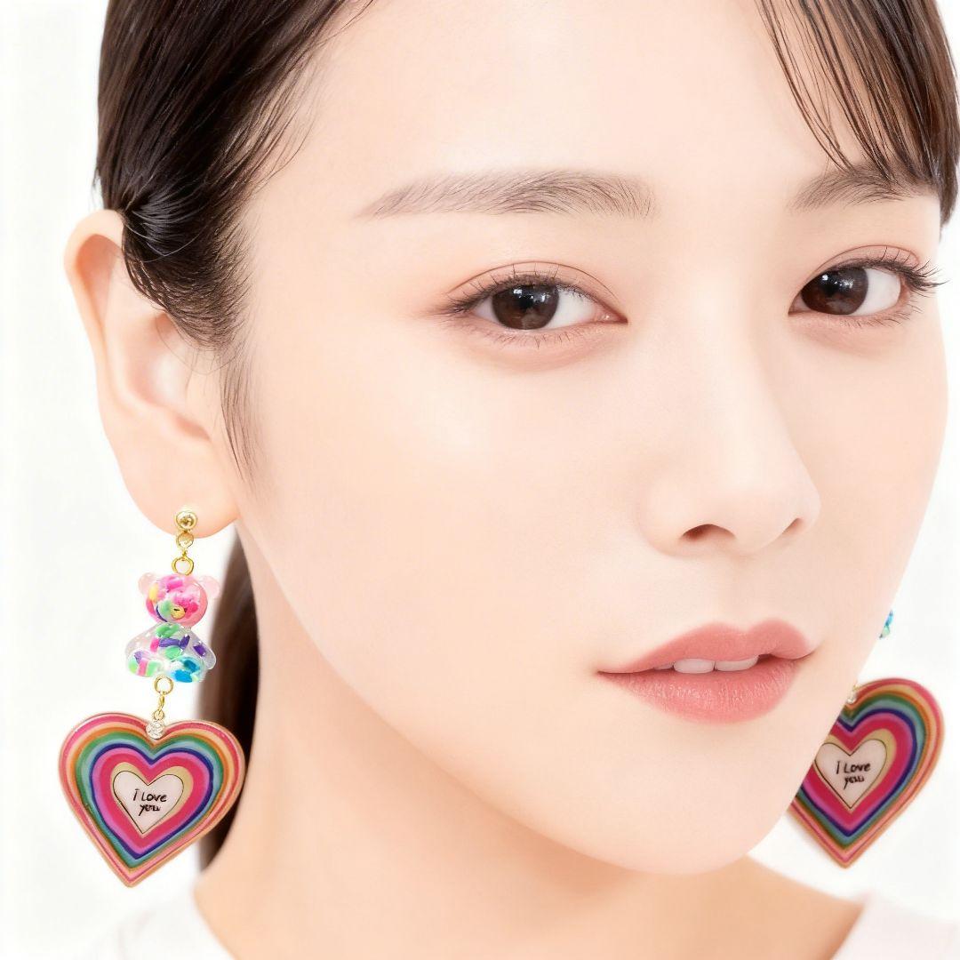 カラフル キャンディベアと虹色ハート♡ハッピーカラーの大ぶりピアス♡