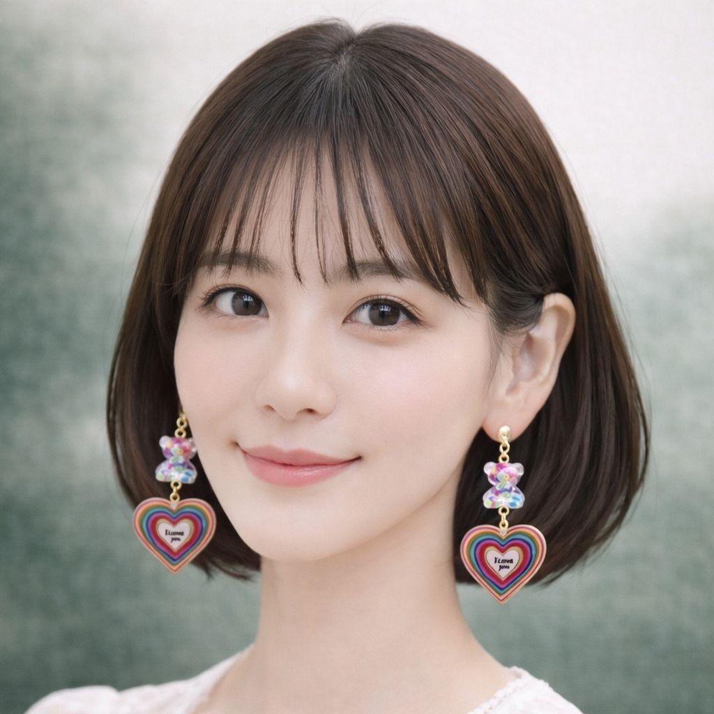 カラフル キャンディベアと虹色ハート♡ハッピーカラーの大ぶりピアス♡