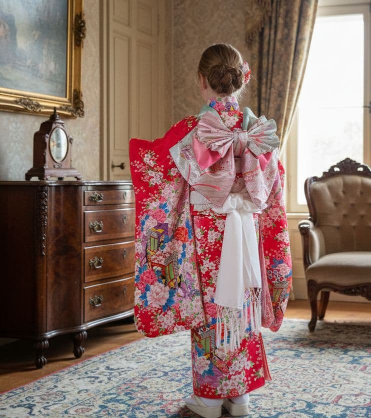 正絹濃いめのピンクの着物と作り帯フルセット