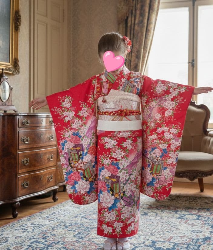 正絹濃いめのピンクの着物と作り帯フルセット