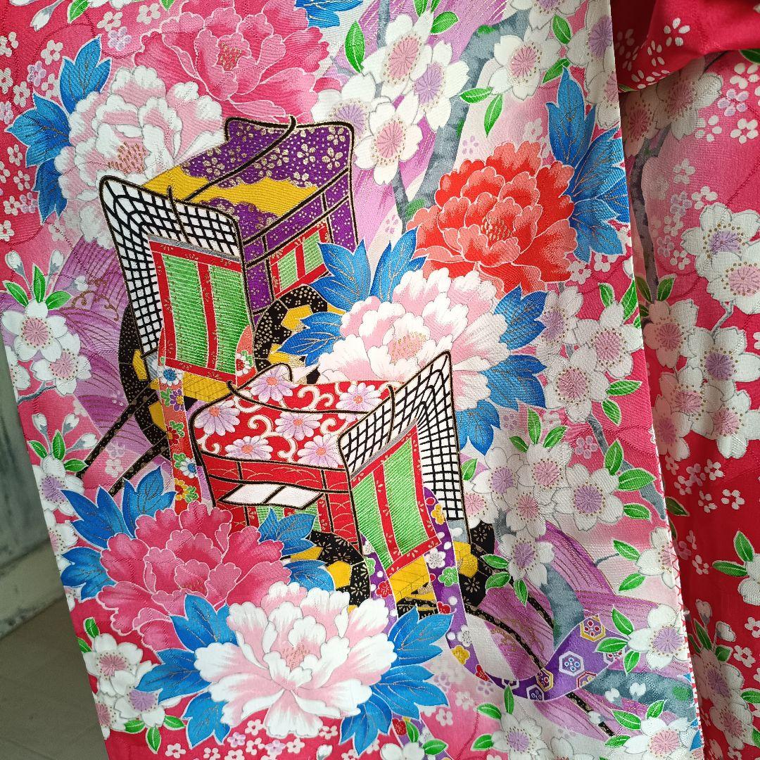 正絹濃いめのピンクの着物と作り帯フルセット