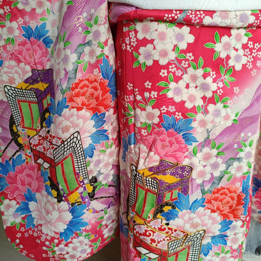 正絹濃いめのピンクの着物と作り帯フルセット