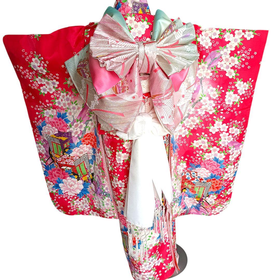 正絹濃いめのピンクの着物と作り帯フルセット
