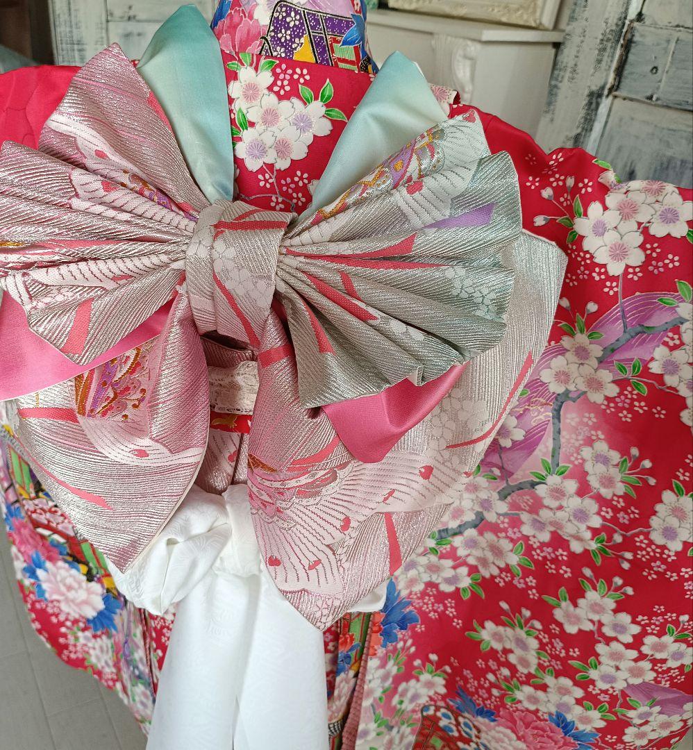 正絹濃いめのピンクの着物と作り帯フルセット