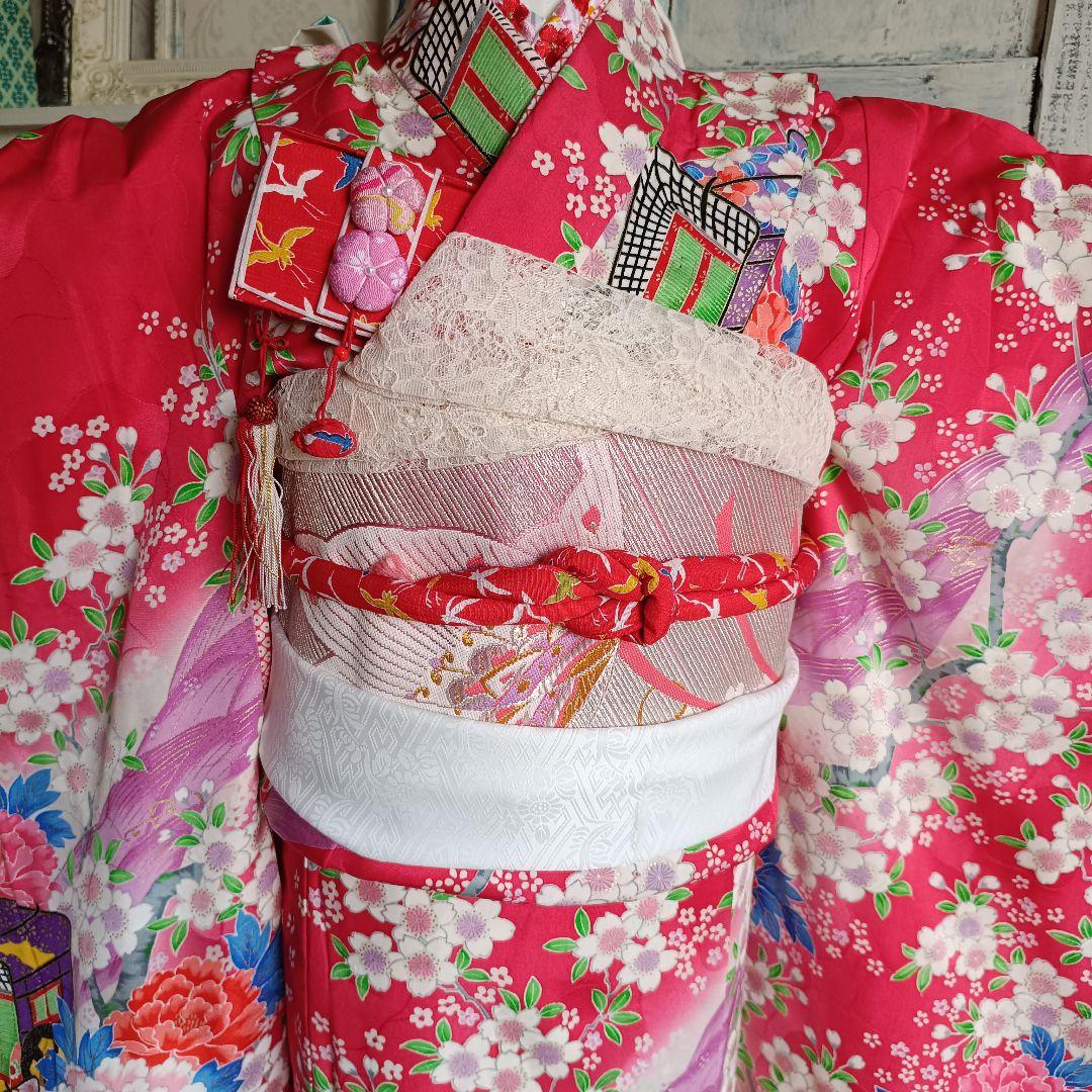 正絹濃いめのピンクの着物と作り帯フルセット