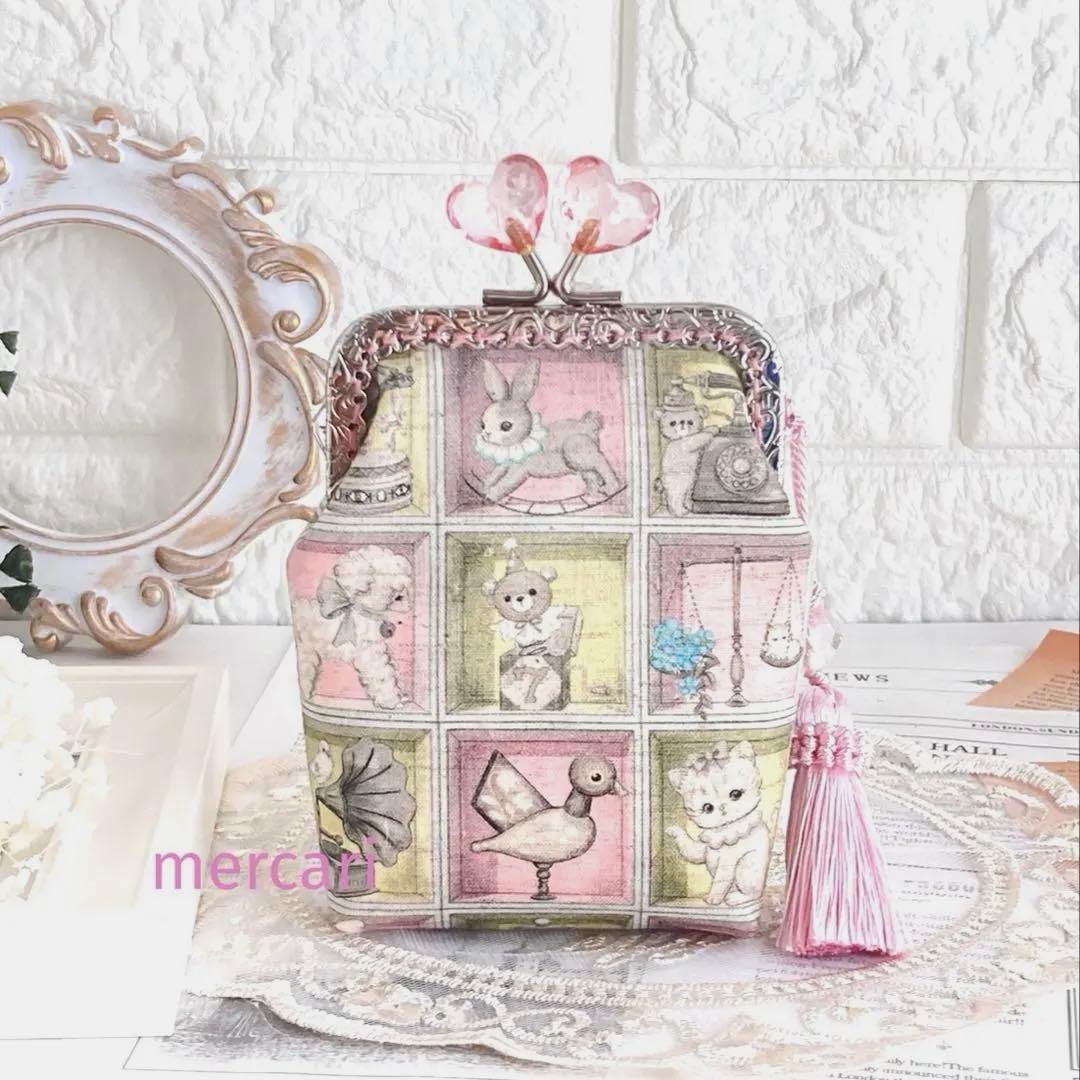 ユキエモンポーチTOYナイトボックス ハンドメイドがま口pink猫柄ハート