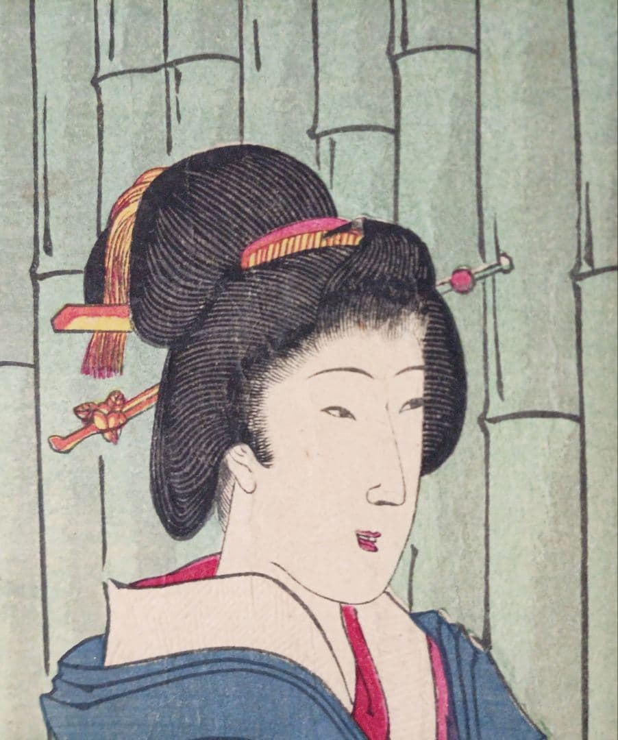 浮世絵版画、東京自慢柳橋藝妓粧三枚綴り、橋本周延画明治23年出版（1890年)