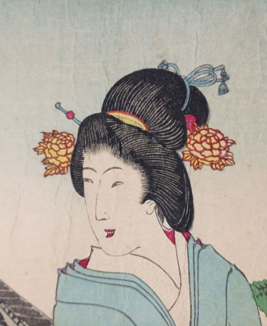 浮世絵版画、東京自慢柳橋藝妓粧三枚綴り、橋本周延画明治23年出版（1890年)