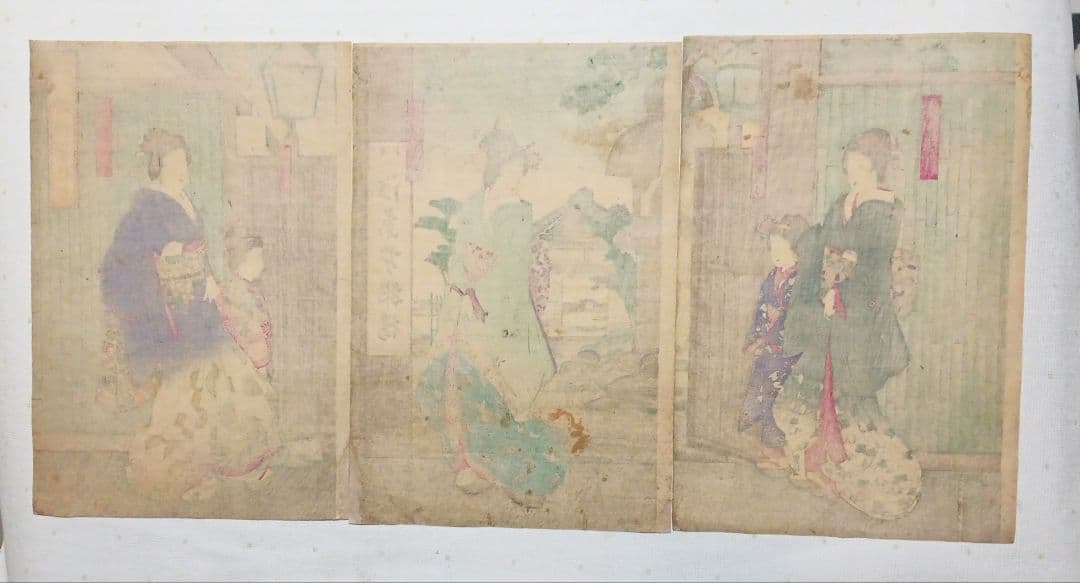 浮世絵版画、東京自慢柳橋藝妓粧三枚綴り、橋本周延画明治23年出版（1890年)