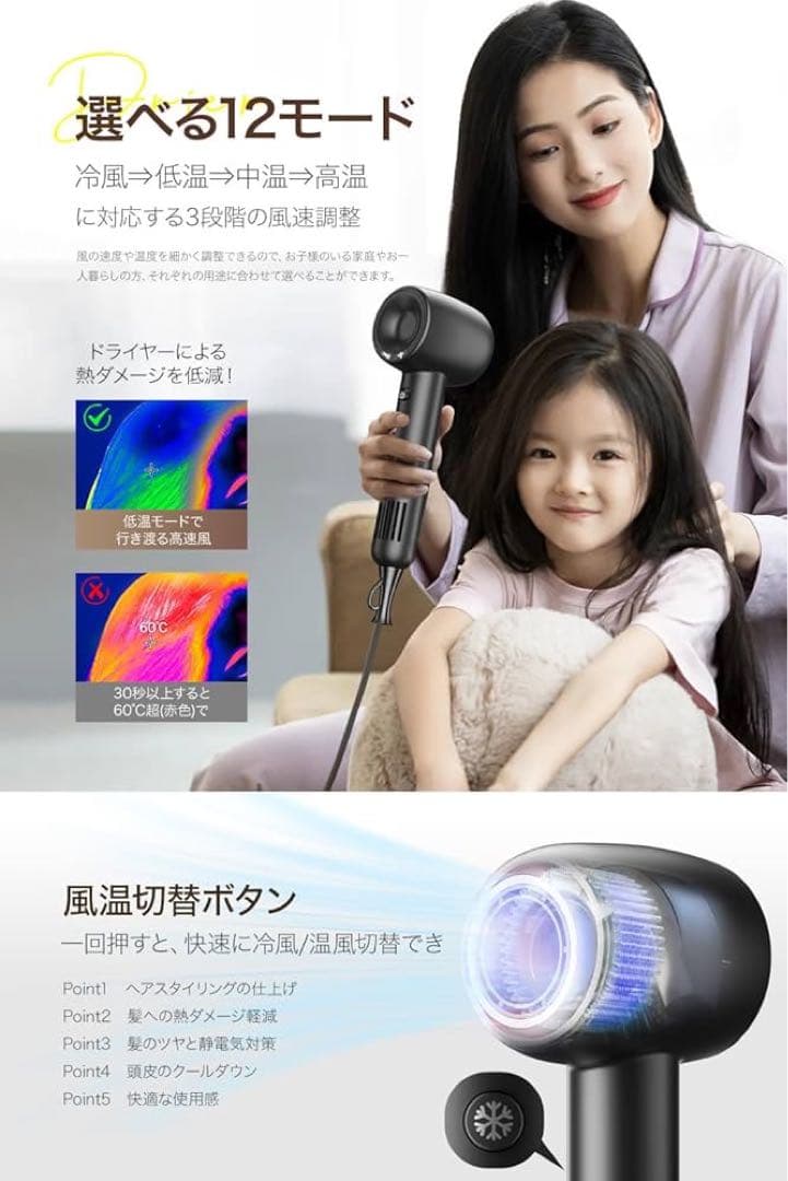 ヘアドライヤー 大風量 マイナスイオン 軽量 12モード調整可能 サラツヤ髪