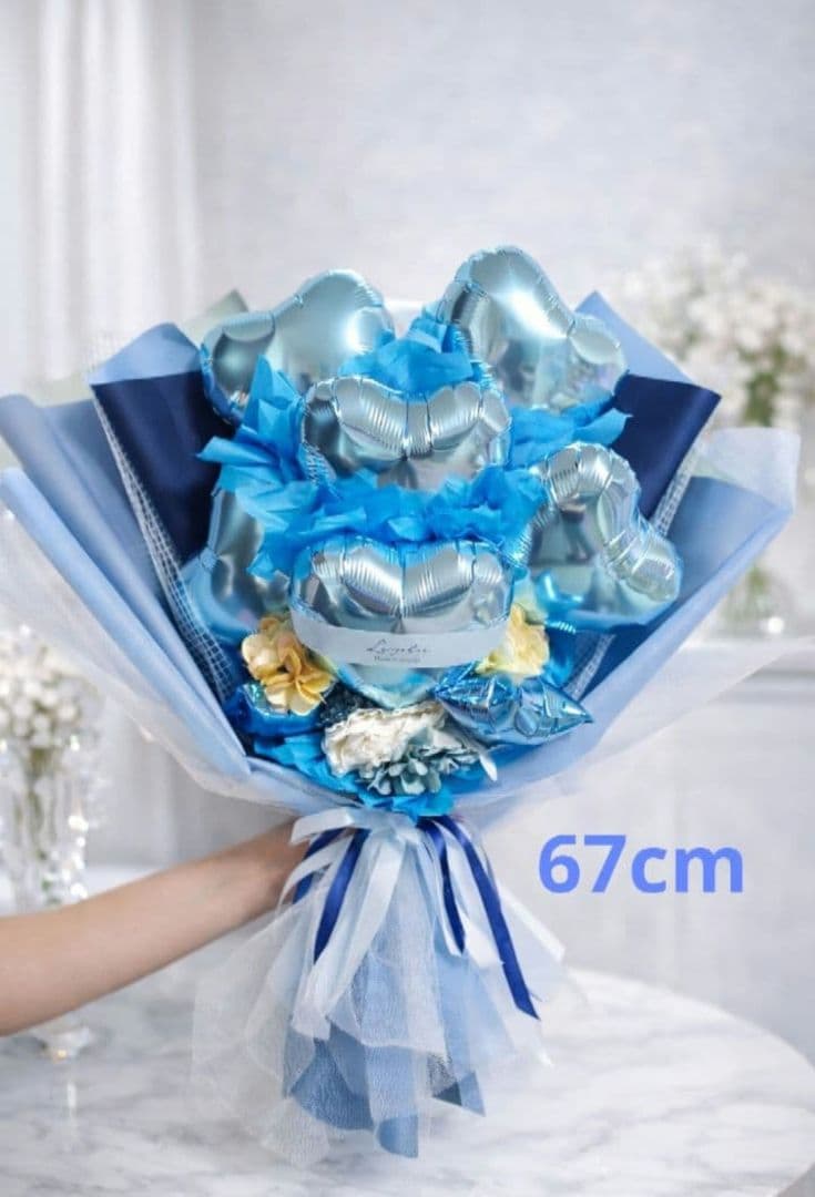 上品ブルーの透明感バルーンブーケ 卒業式・発表会