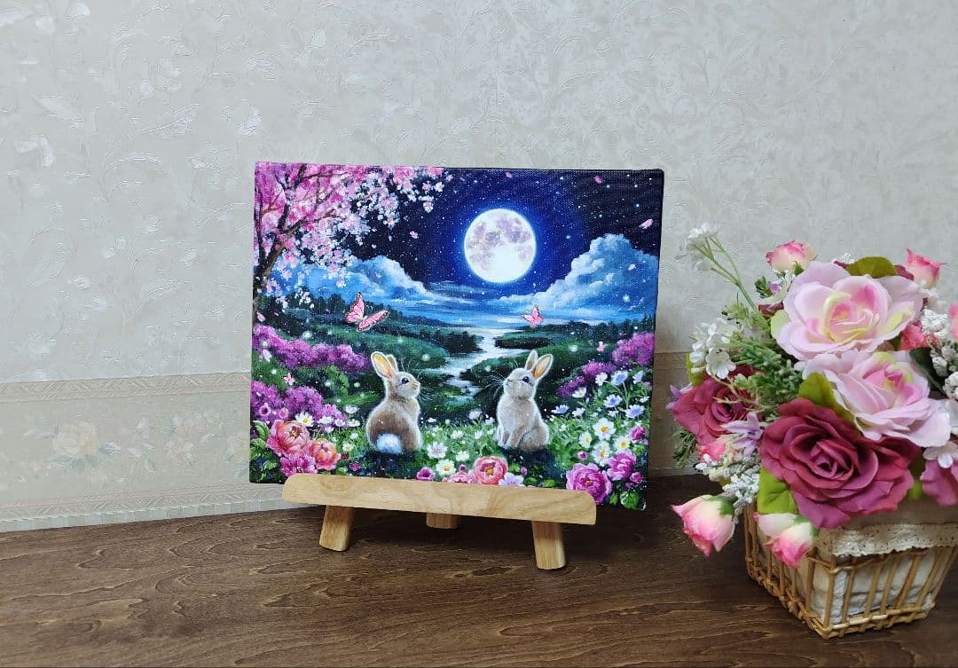 【春満月】アクリル画 F3 風景画 絵画