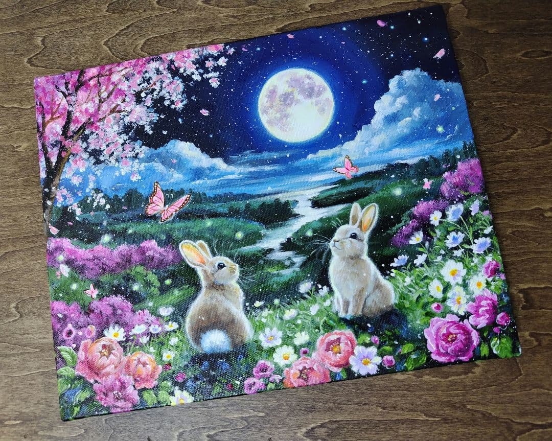 【春満月】アクリル画 F3 風景画 絵画