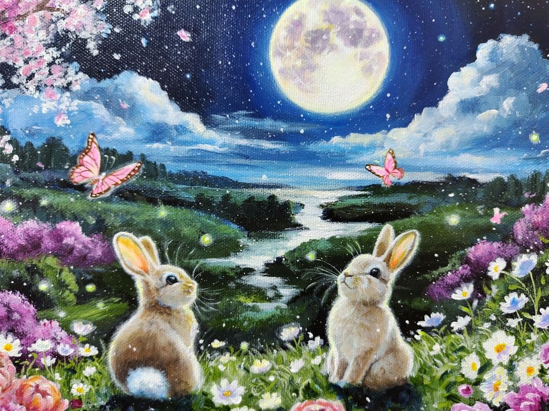 【春満月】アクリル画 F3 風景画 絵画