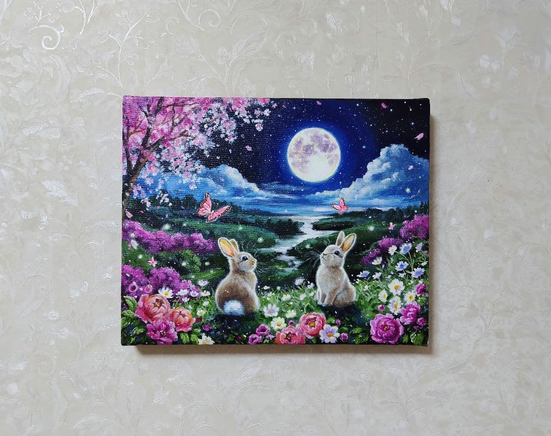 【春満月】アクリル画 F3 風景画 絵画