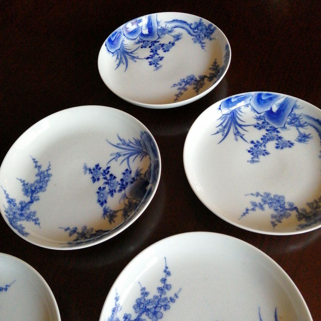 源六焼　富永源六　染付中皿　5枚　19cm　明治～大正期