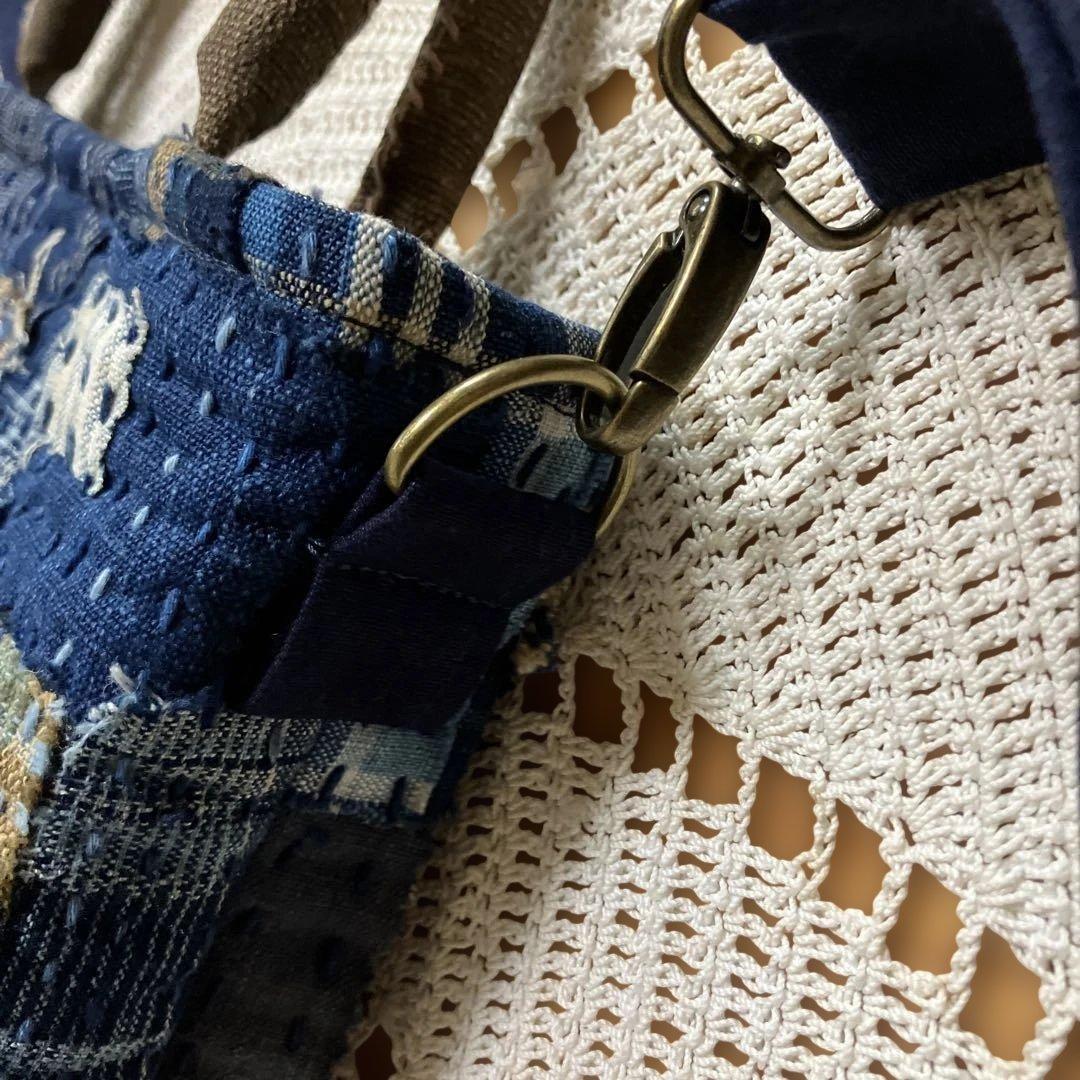 柿渋染め古布酒袋丹波布縞格子木綿藍染め庄内刺し子襤褸山葡萄2way手提げ➕ポーチ