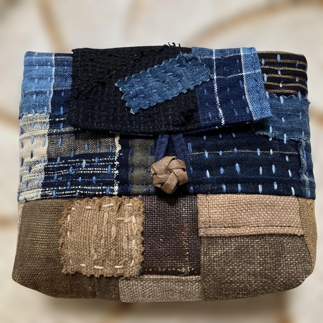 柿渋染め古布酒袋丹波布縞格子木綿藍染め庄内刺し子襤褸山葡萄2way手提げ➕ポーチ