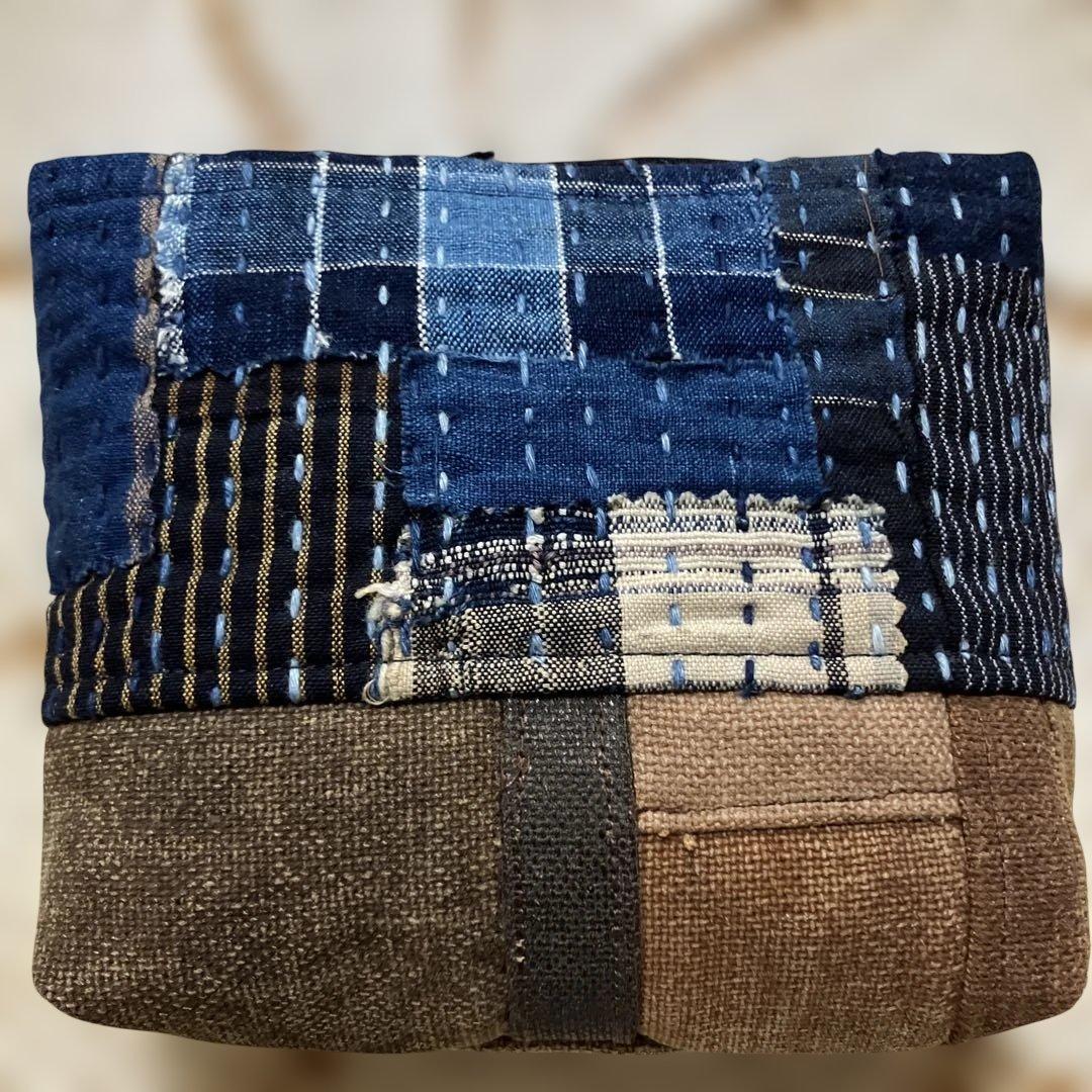 柿渋染め古布酒袋丹波布縞格子木綿藍染め庄内刺し子襤褸山葡萄2way手提げ➕ポーチ