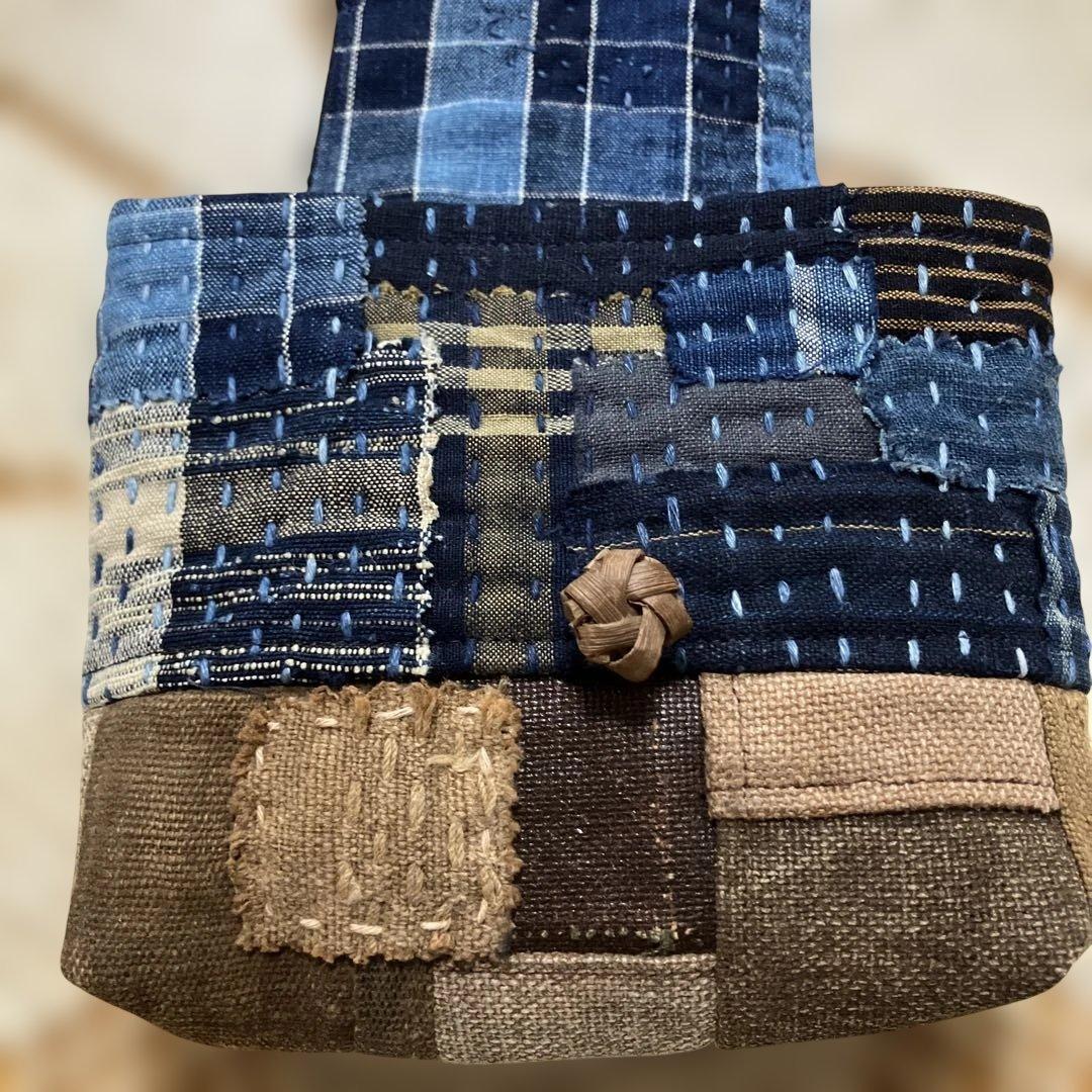 柿渋染め古布酒袋丹波布縞格子木綿藍染め庄内刺し子襤褸山葡萄2way手提げ➕ポーチ