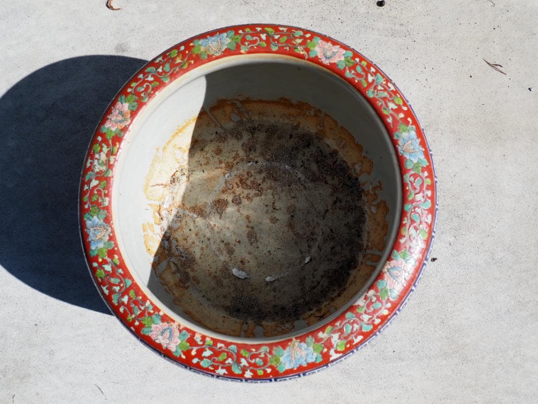 伊万里　十錦手火鉢　睡蓮鉢　花鳥図　ヒビ修復跡あり