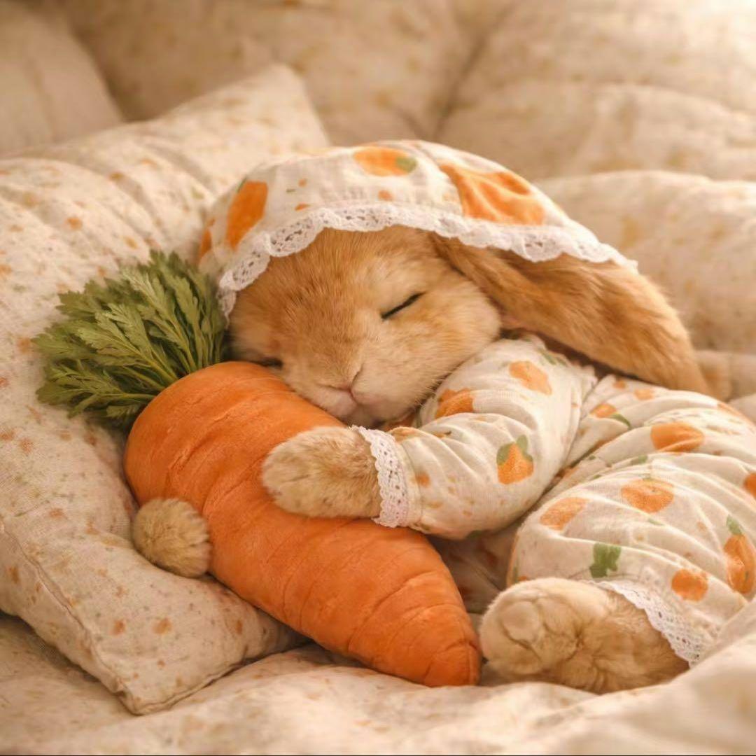 ニンジンを抱っこしている絵昼寝うさぎパネル生地　ハンドメイド